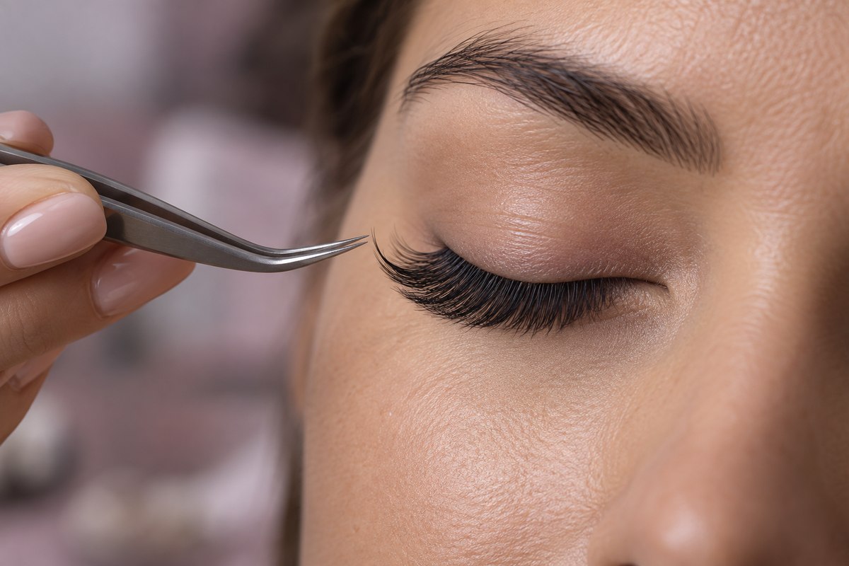 Close-up of lash styling with fine tweezers